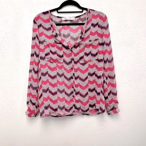 Pink Navy and white Chiffon long sleeves Button down blouse